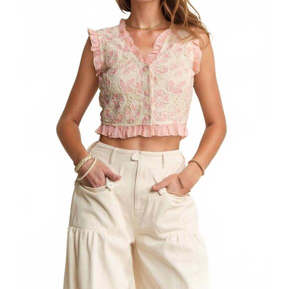 DAVI & DANI Jackets & Blazers - NEW DAVI & DANI crochet lace ruffle vest in pink natural